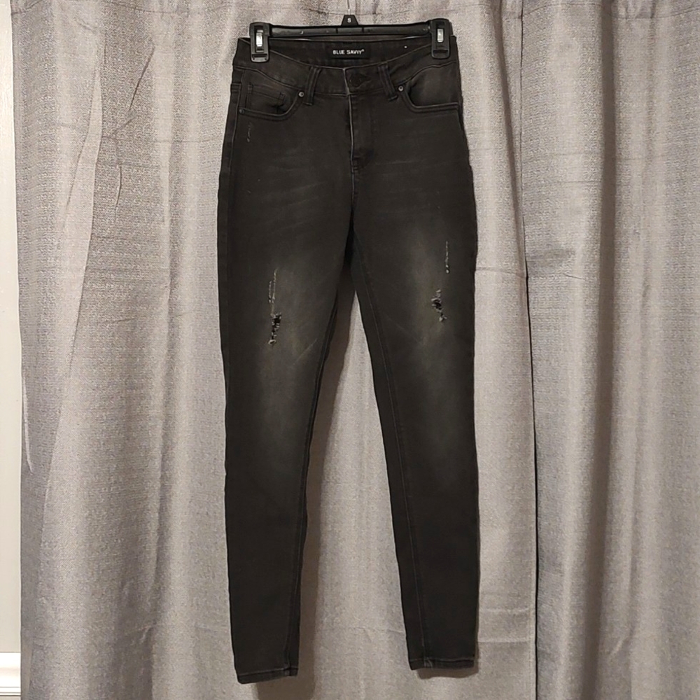 Blue Savvy Black Denim Distressed Tapered Leg Jeans Sz 3/26